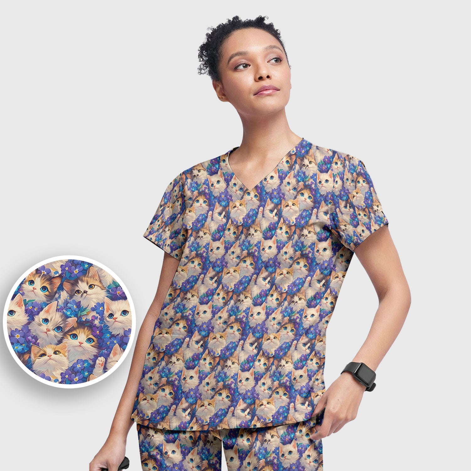 Cute Blue Eyed Kitten Pattern Scrub Set, Scrub Pants and V Neck Top