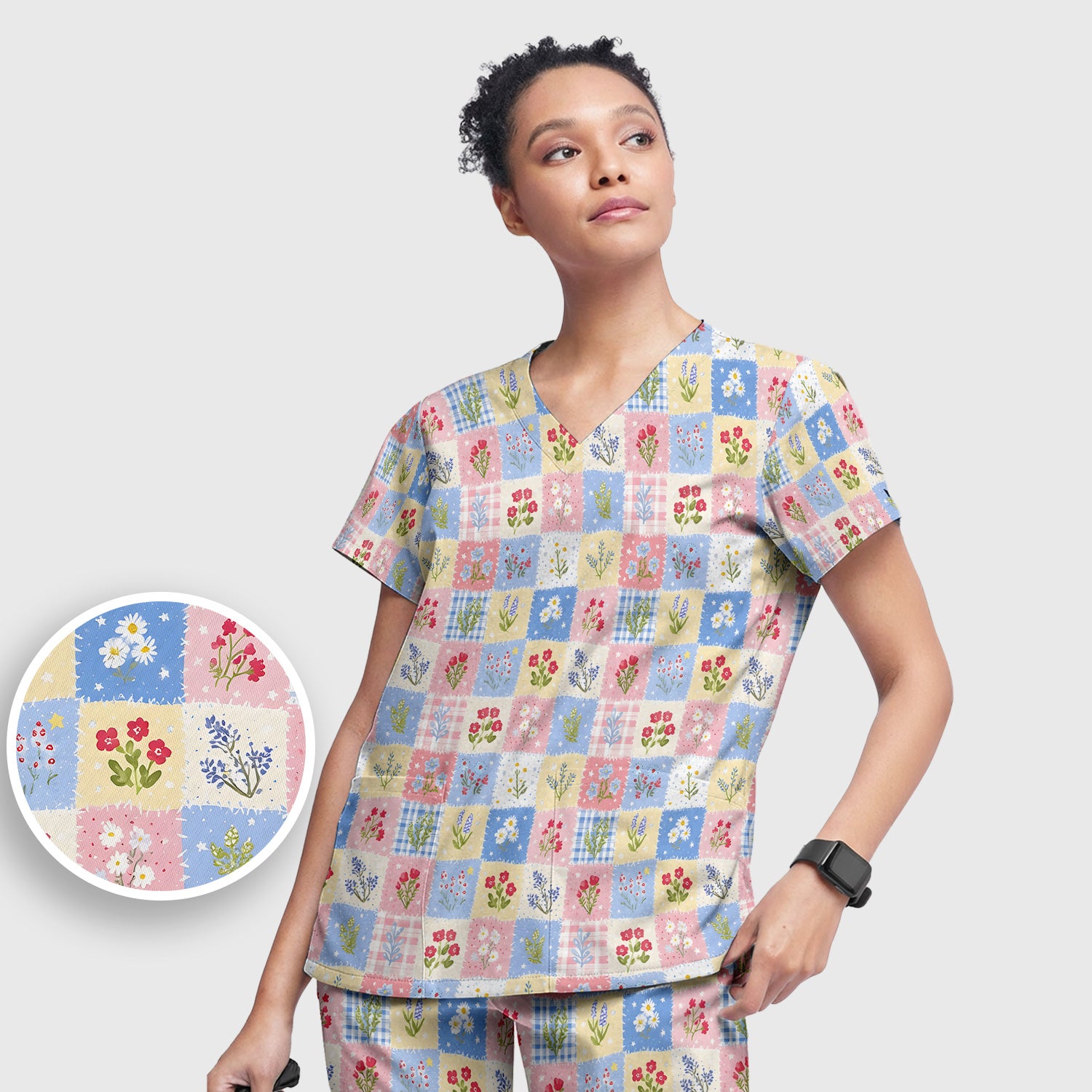 Pastel Patchwork Wildflower Garden Print Scrub Set, Scrub Pants and V Neck Top