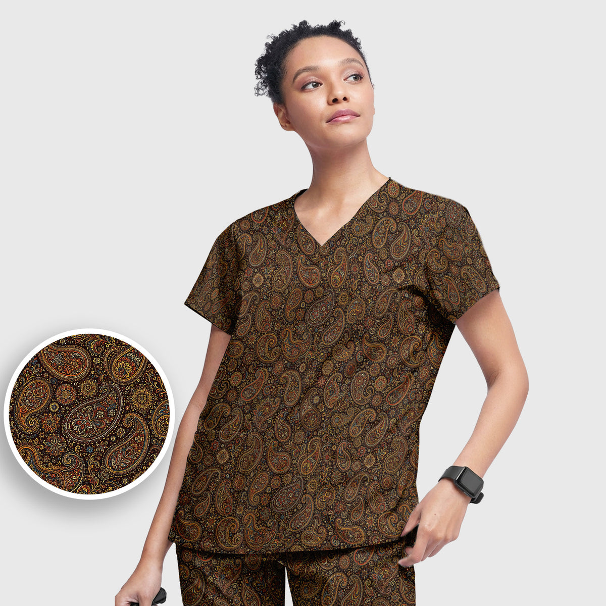 Vintage Ornate Paisley Pattern Scrub Set, Scrub Pants and V Neck Top