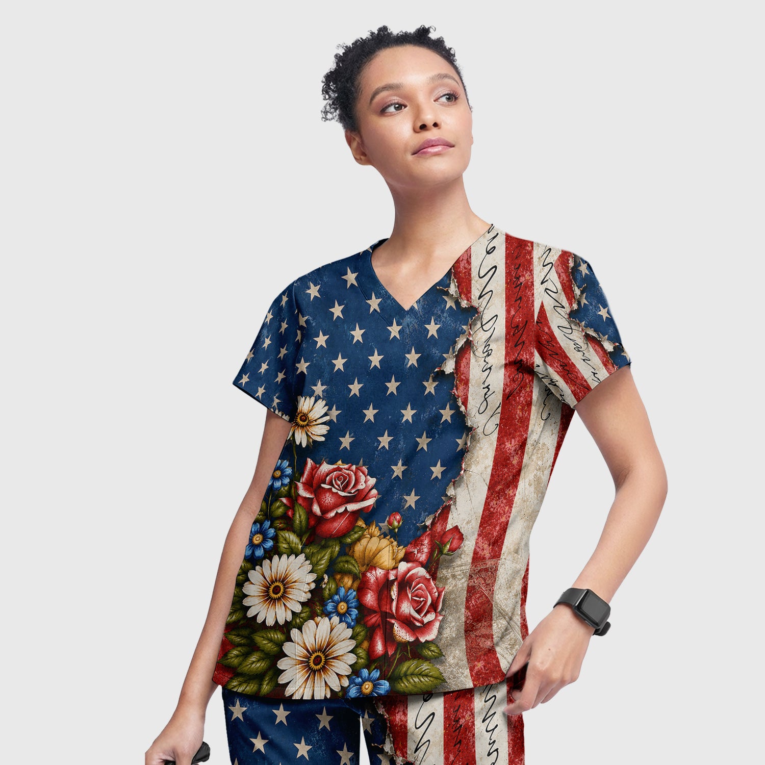 American Flag Vintage Rose Floral Pattern Scrub Set, Scrub Pants and V Neck Top