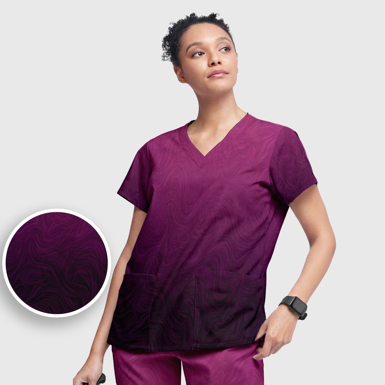 Abstract Swirl Ombre Pattern Scrub Set, Scrub Pants and V Neck Top