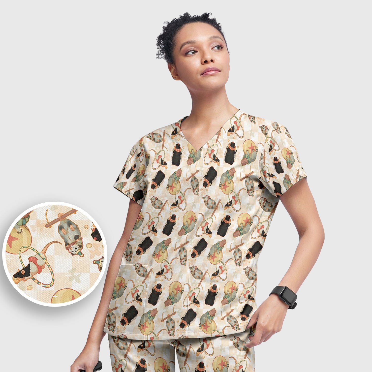 Cute Circus Animal Mouse Acrobat Pattern Scrub Set, Scrub Pants and V Neck Top