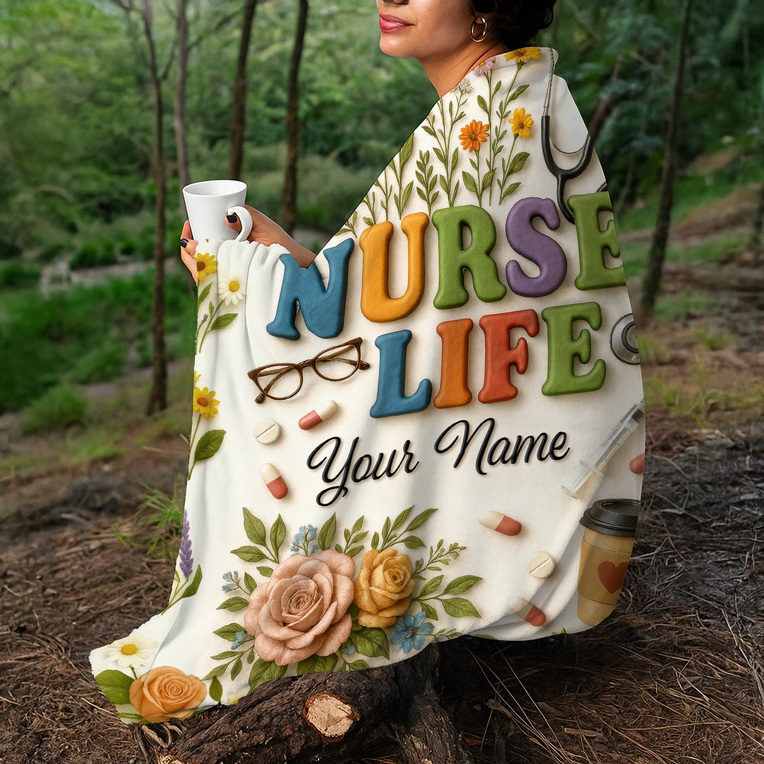 Custom Nurse Life Blanket - Stethoscope, Pills & Flowers Design - Thoughtful Personalized Gift for Nurses