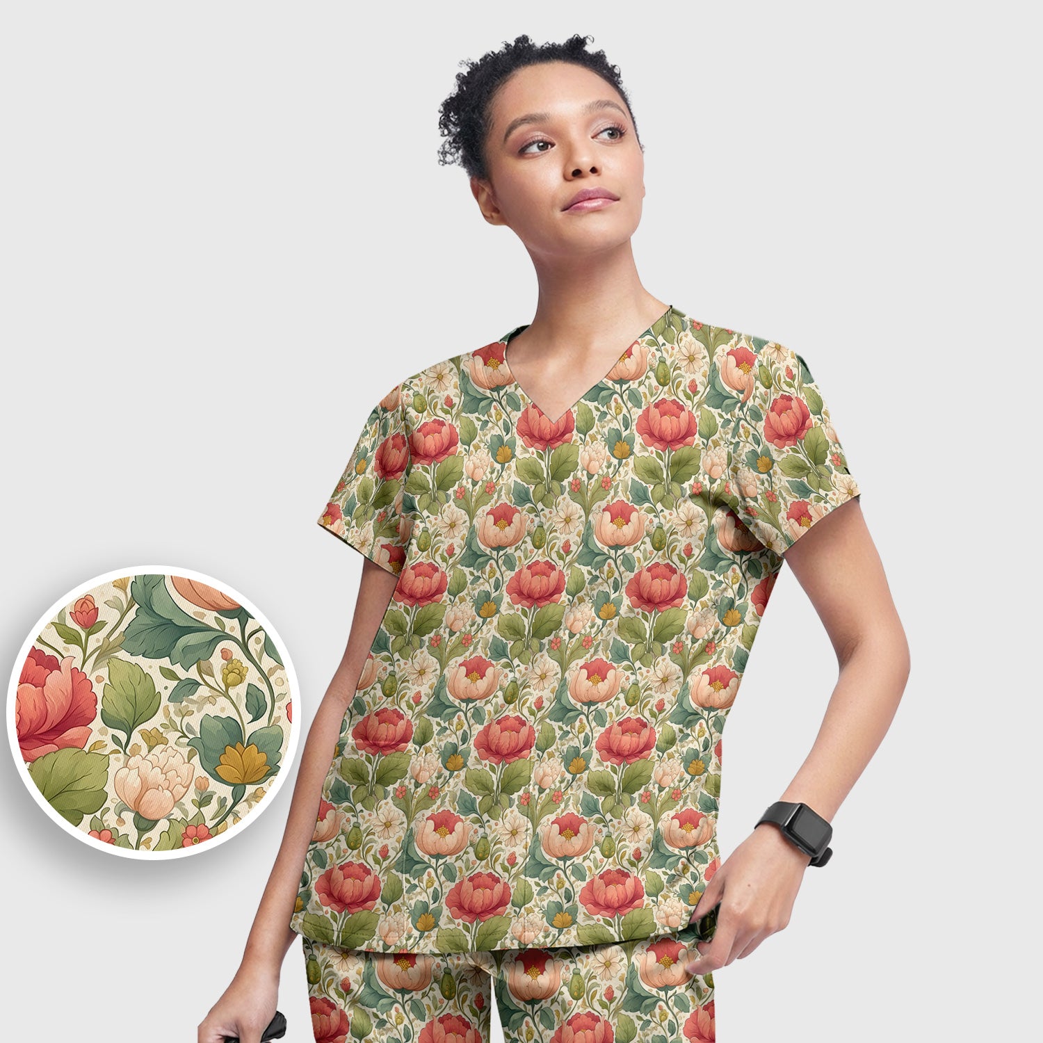 Vintage Botanical Peony Floral Pattern Scrub Set, Scrub Pants and V Neck Top
