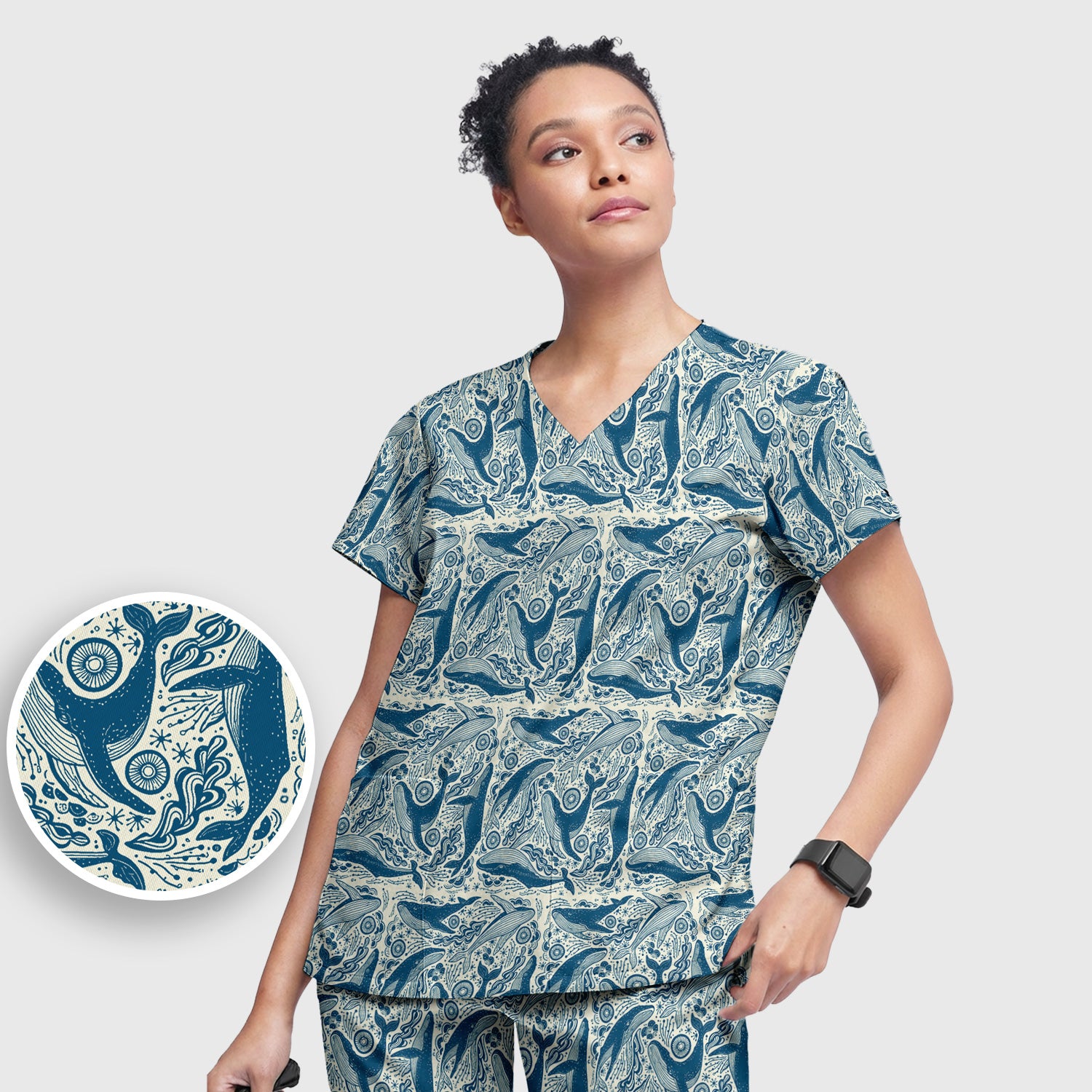 Blue Whale Ocean Pattern Scrub Set, Scrub Pants and V Neck Top