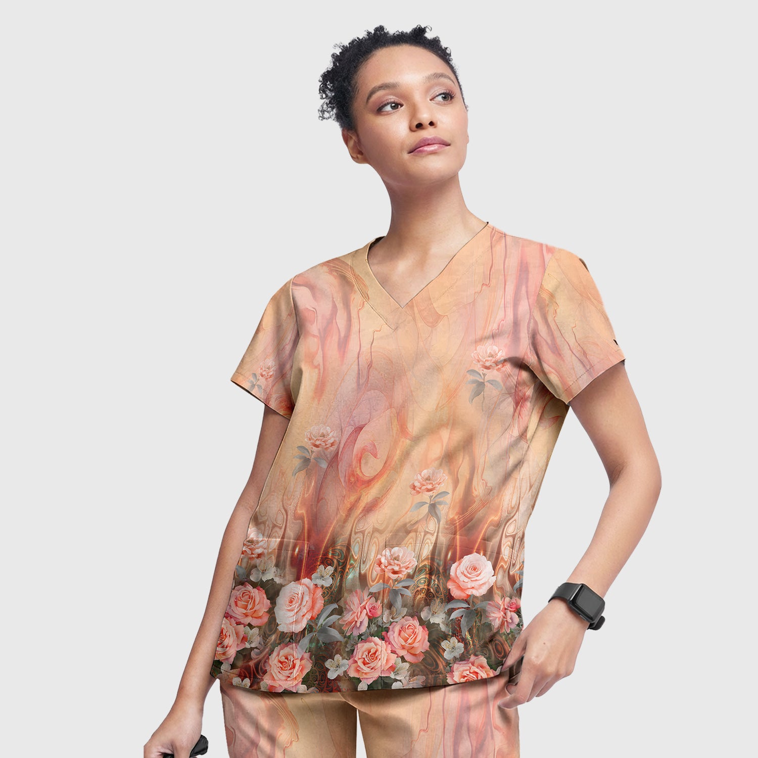 Elegant Peach Marble Rose Pattern Scrub Set, Scrub Pants and V Neck Top