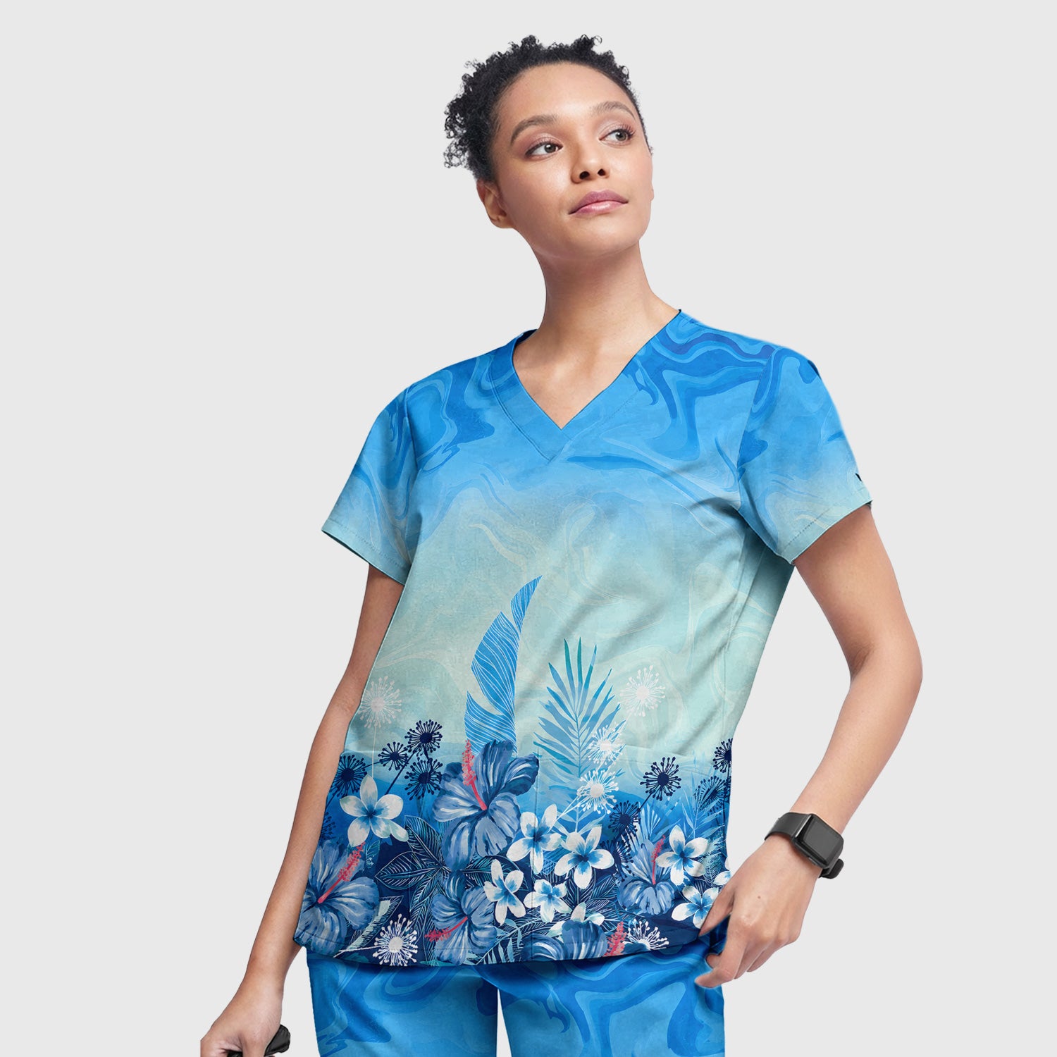 Elegant Blue Tropical Floral Pattern Scrub Set, Scrub Pants and V Neck Top