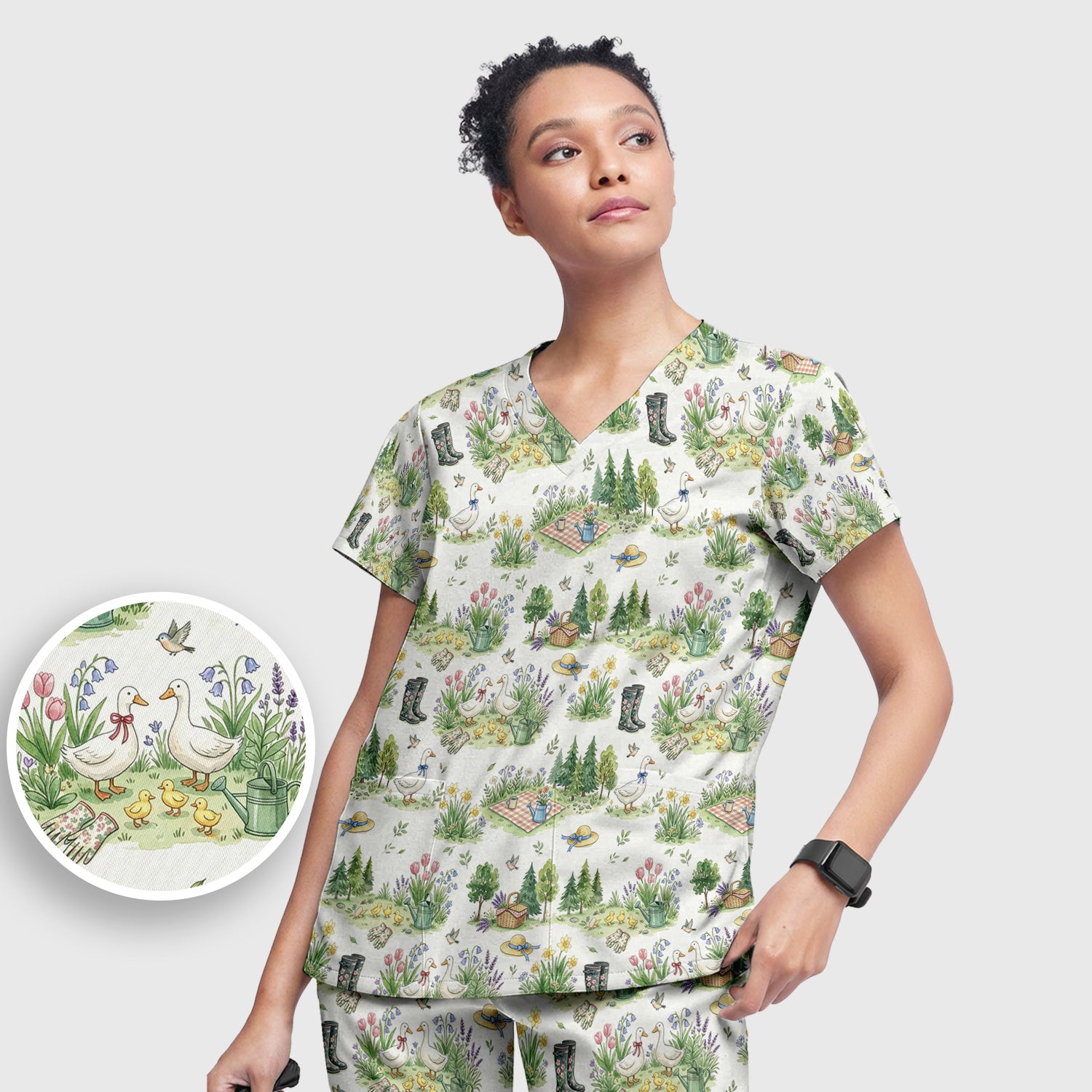 Cute Duck Garden Pattern Scrub Set, Spring Floral Countryside Scrub Pants and V Neck Top
