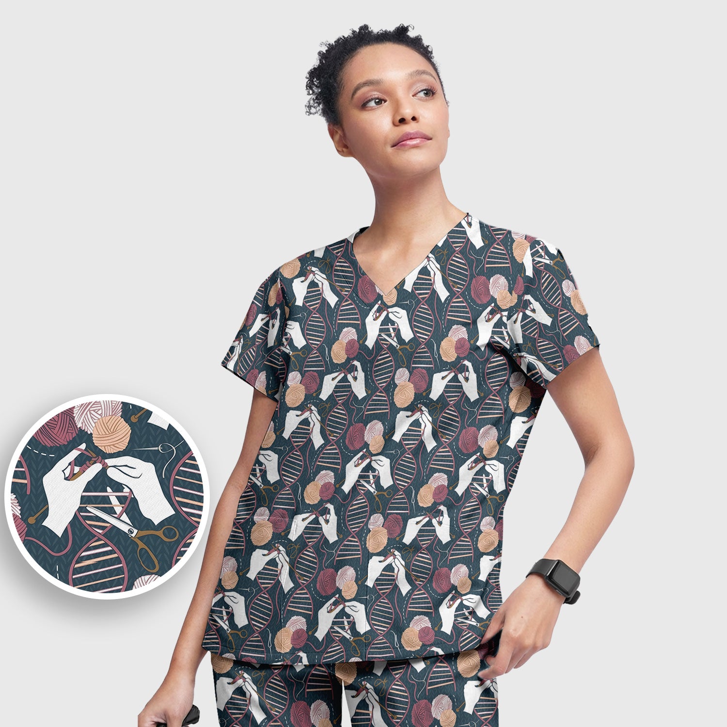 DNA Helix Yarn Pattern Scrub Set, Scrub Pants and V Neck Top