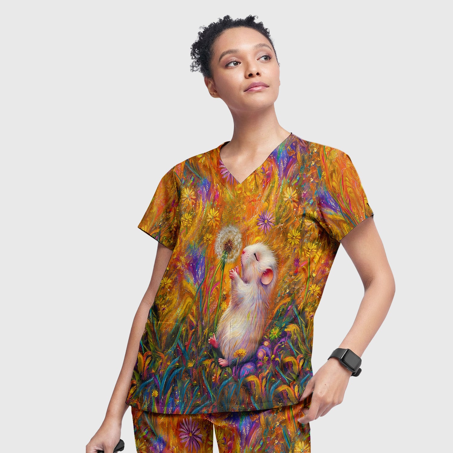 Cute Whimsical Mouse Dandelion Pattern Scrub Set, Scrub Pants and V Neck Top
