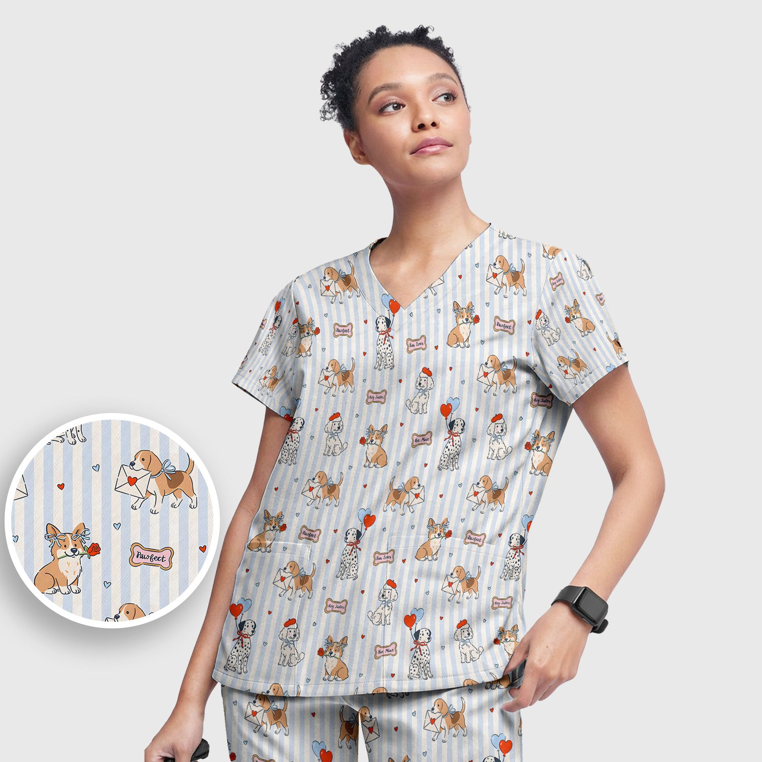 Valentine Puppy Heart Pattern Scrub Set, Scrub Pants and V Neck Top