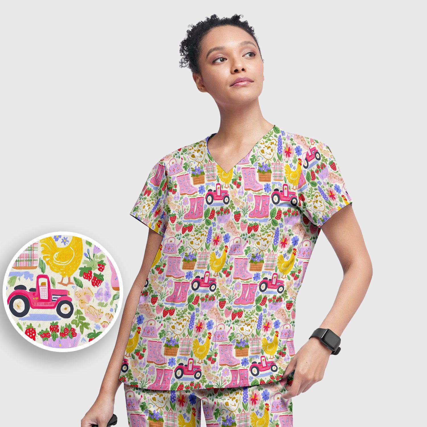 Cute Farm Garden Chicken Pattern Scrub Set, Scrub Pants and V Neck Top