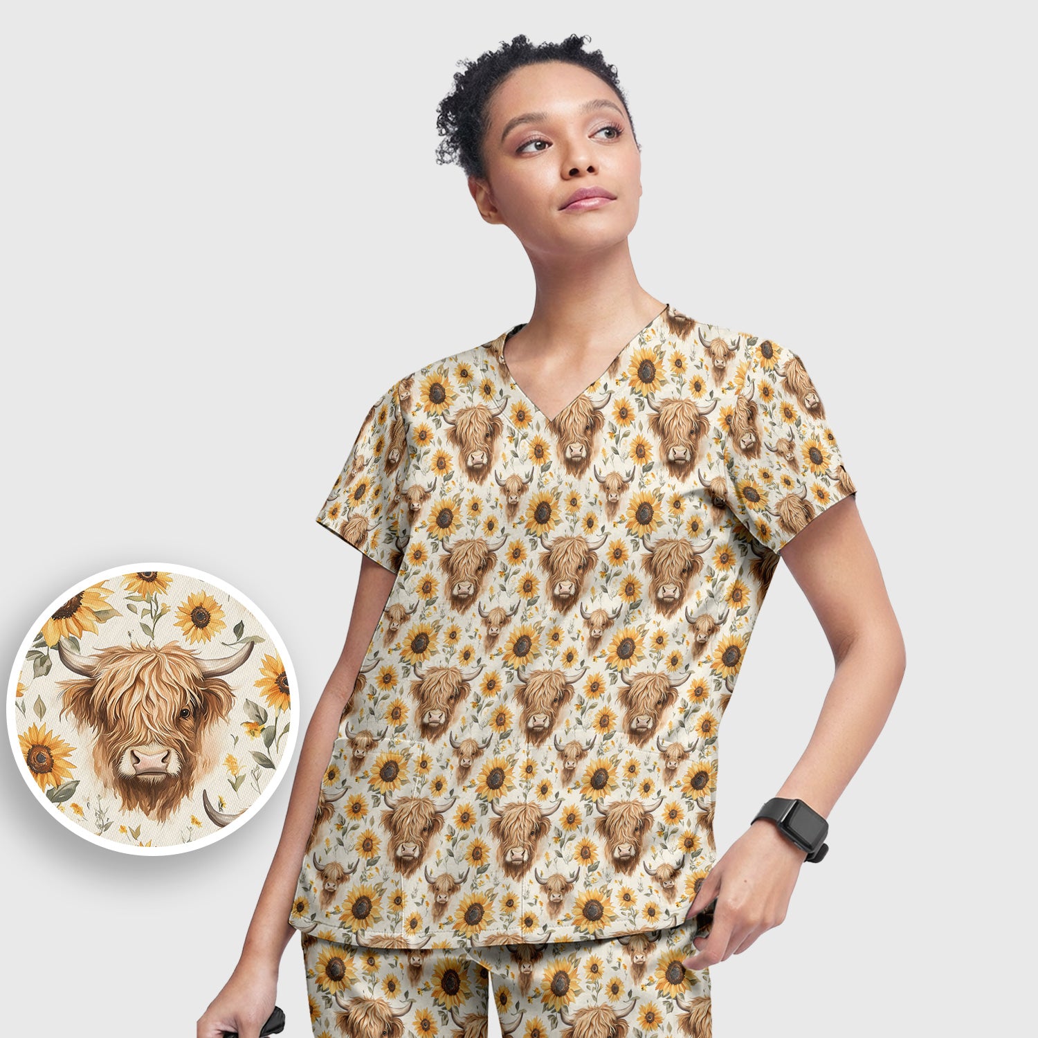 Highland Cow Sunflower Scrub Set, Rustic Farmhouse Scrub Pants and V Neck Top