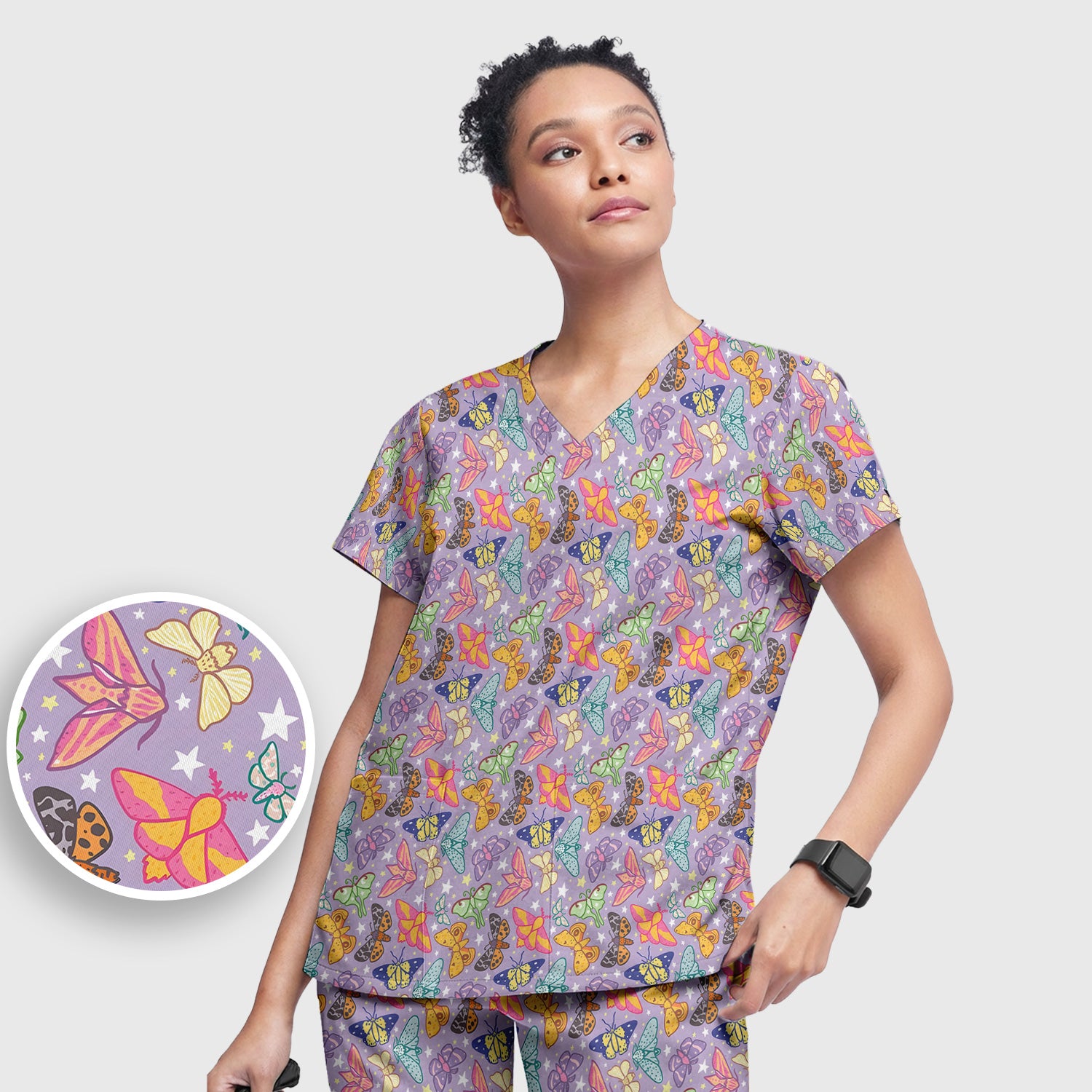 Colorful Butterfly Moth Pattern Scrub Set, Scrub Pants and V Neck Top