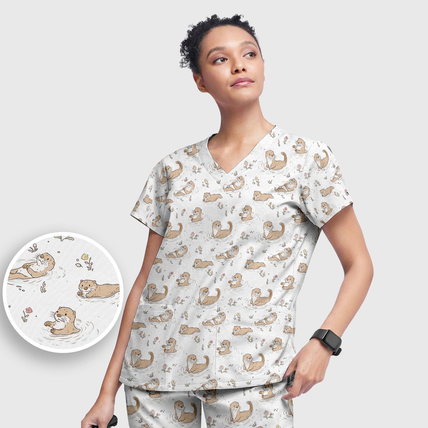 Otter Swimming Floating Water Pattern Scrub Set, Scrub Pants and V Neck Top