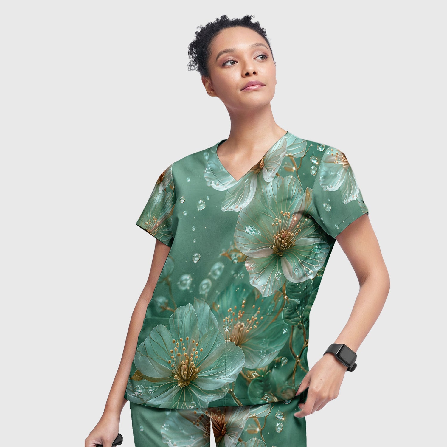 Elegant Mint Blossom Dewdrop Pattern Scrub Set, Scrub Pants and V Neck Top