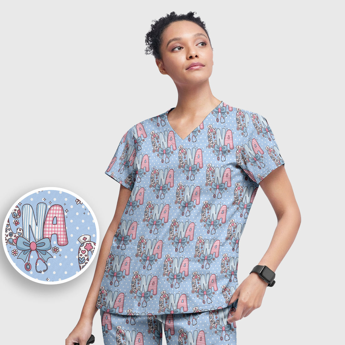 Cute CNA Floral Bow Pattern Scrub Set, Scrub Pants and V Neck Top, Breathable Med Uniform