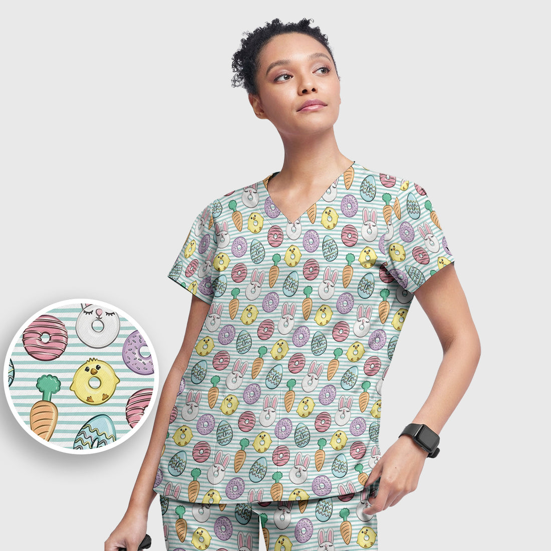 Funny Easter Chick Bunny Pattern Scrub Set, Scrub Pants and V Neck Top