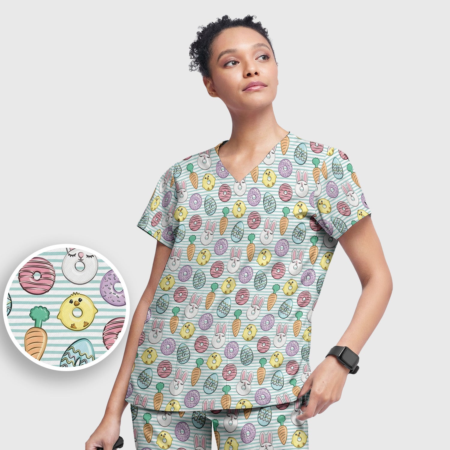 Funny Easter Chick Bunny Pattern Scrub Set, Scrub Pants and V Neck Top