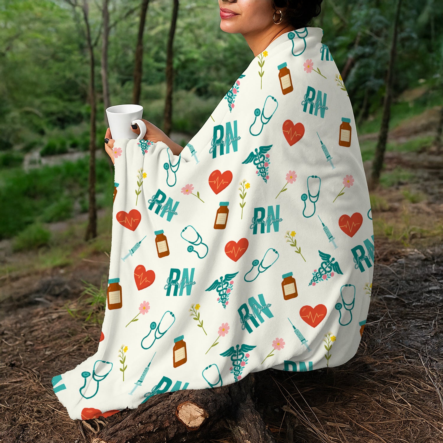 Personalized RN Nurse Blanket with Medical Icons - Stethoscope Syringe Heartbeat Floral Design - Gift for RN CNA LPN