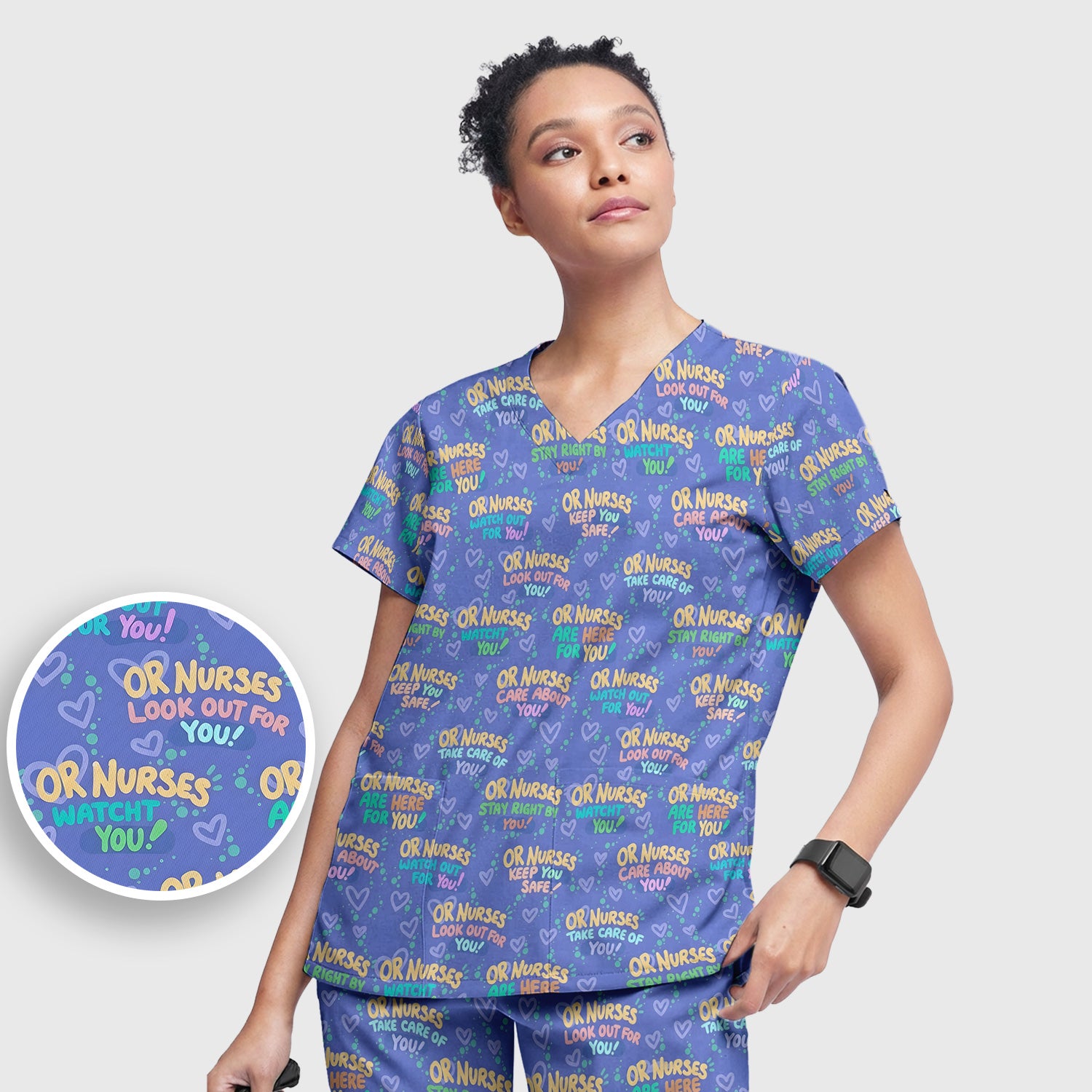 Inspirational Nurse Quote Care Message Pattern Scrub Set, Scrub Pants and V Neck Top