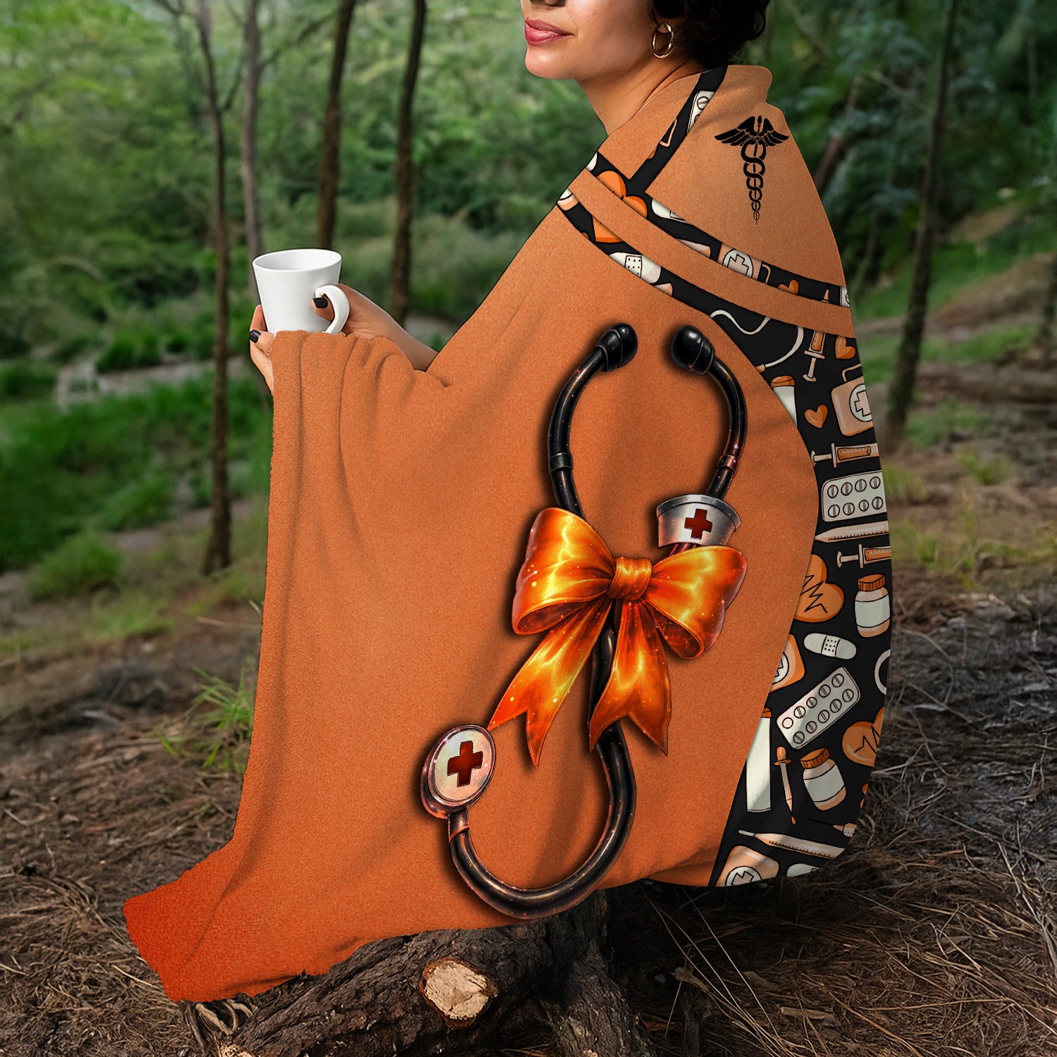 Personalized Funny Nurse Fall Throw Blanket - Medical Pattern & Stethoscope Bow Design - Halloween Gift for RN LPN CNA