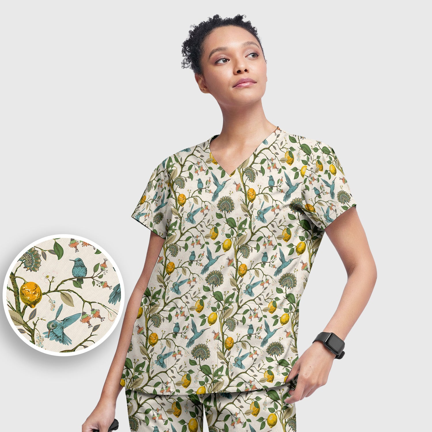 Cute Hummingbird Lemon Floral Pattern Scrub Set, Scrub Pants and V Neck Top