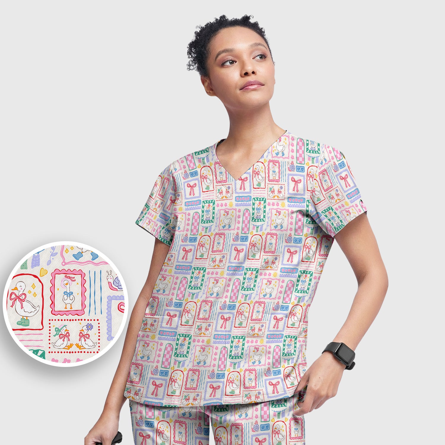 Adorable Nurse Goose Ribbon Patchwork Frame Pattern Scrub Set, Scrub Pants and V Neck Top