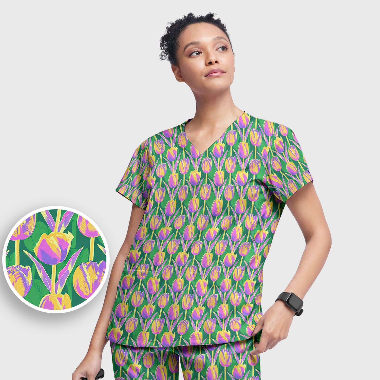 Colorful Tulip Floral Pattern Scrub Set, Scrub Pants and V Neck Top