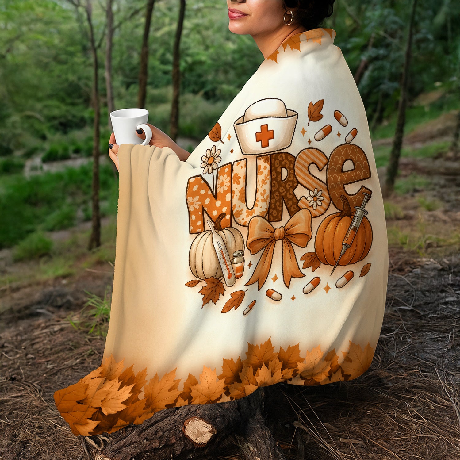 Fall Nurse Blanket with Pumpkins and Leaves - Cozy Autumn Throw for RN CNA LPN - Personalized Thanksgiving Gift for Medical Workers