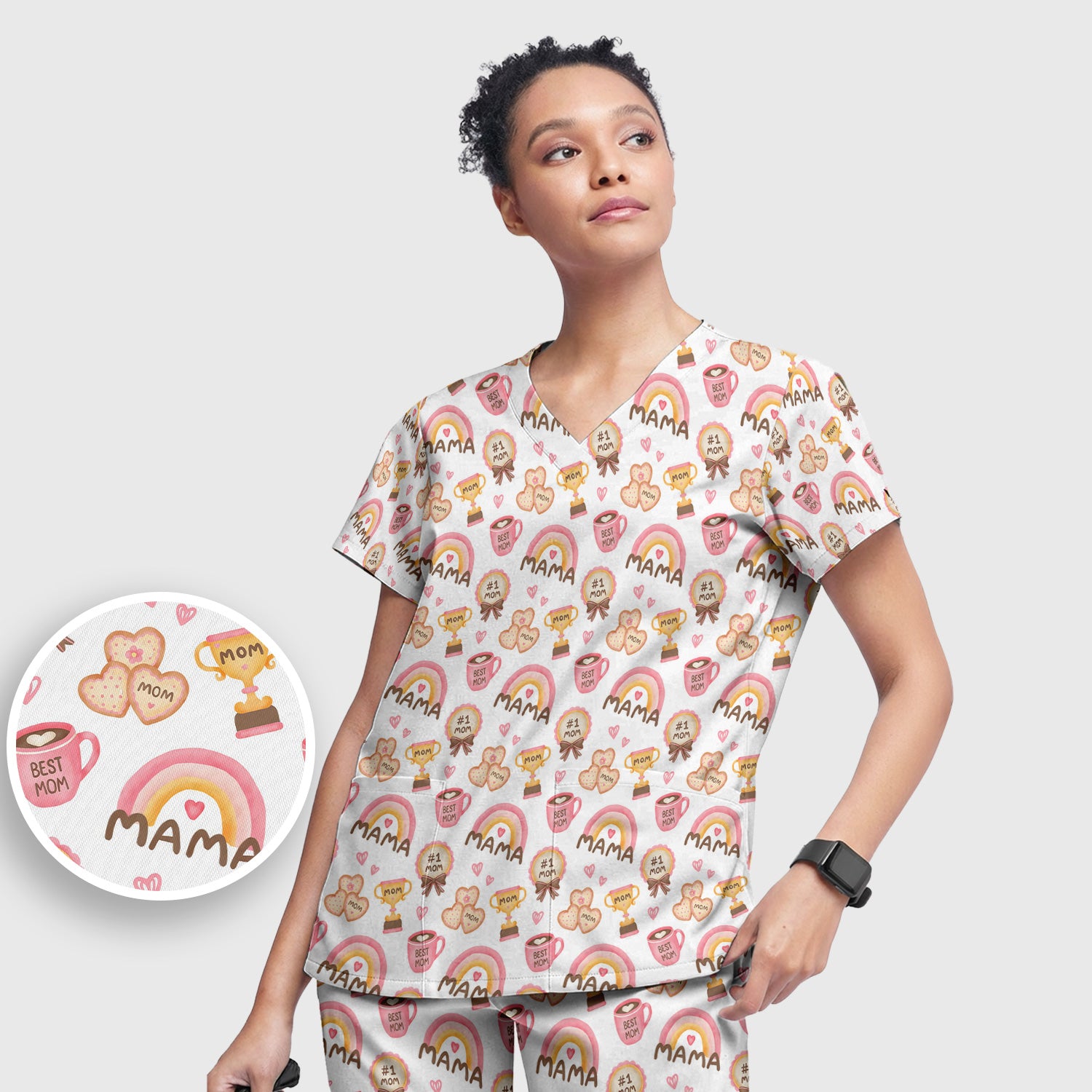 Sweet Nurse Mama Rainbow Trophy Heart Pattern Scrub Set, Scrub Pants and V Neck Top