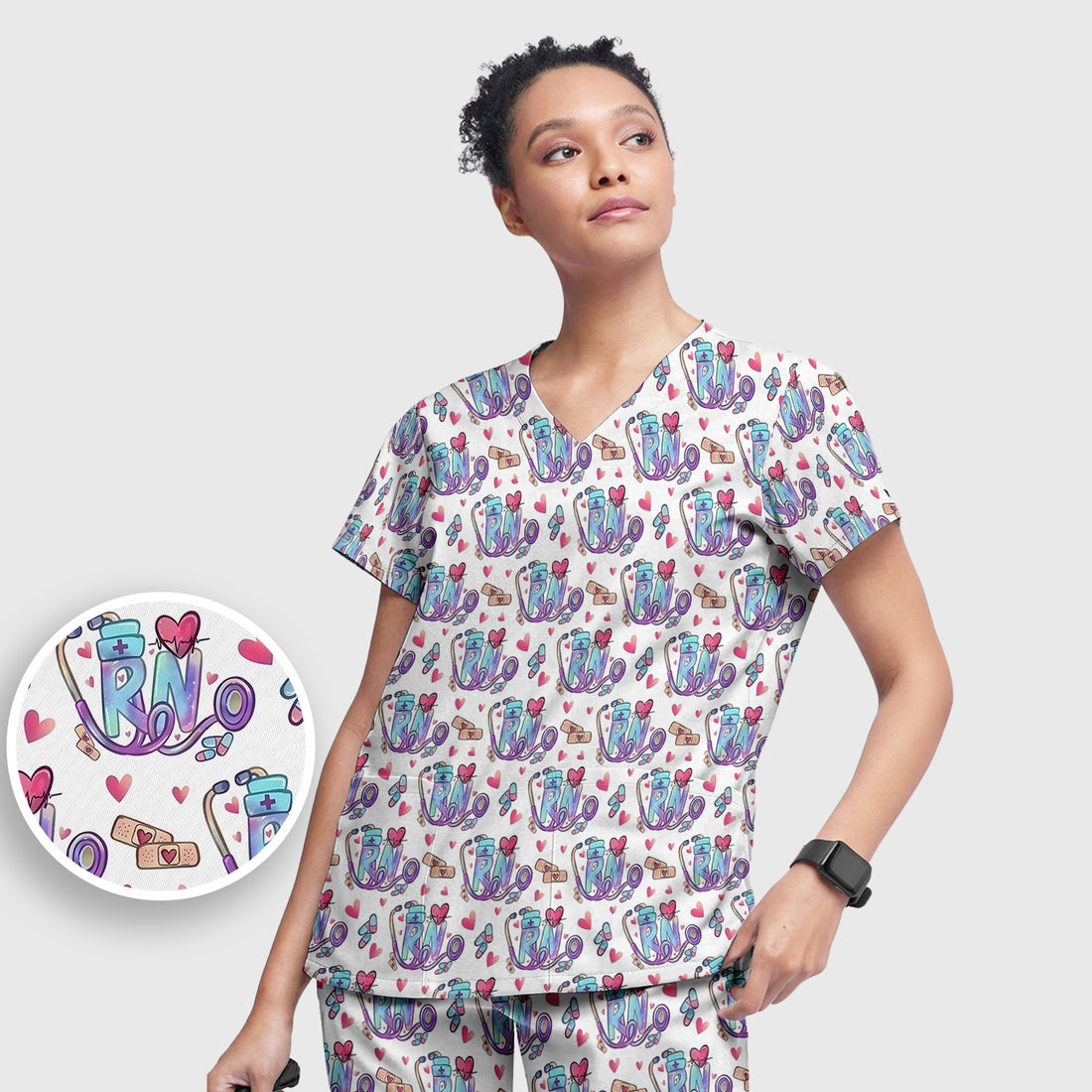 Nurse Life RN Heart Pattern Scrub Set, Scrub Pants and V Neck Top