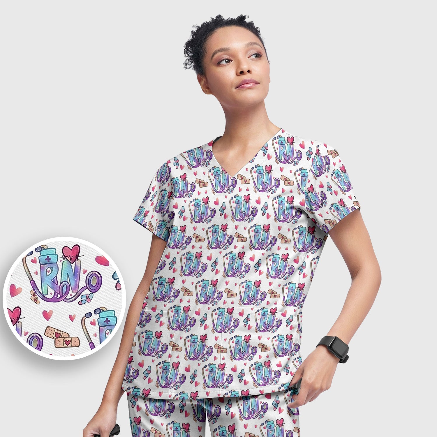 Nurse Life RN Heart Pattern Scrub Set, Scrub Pants and V Neck Top