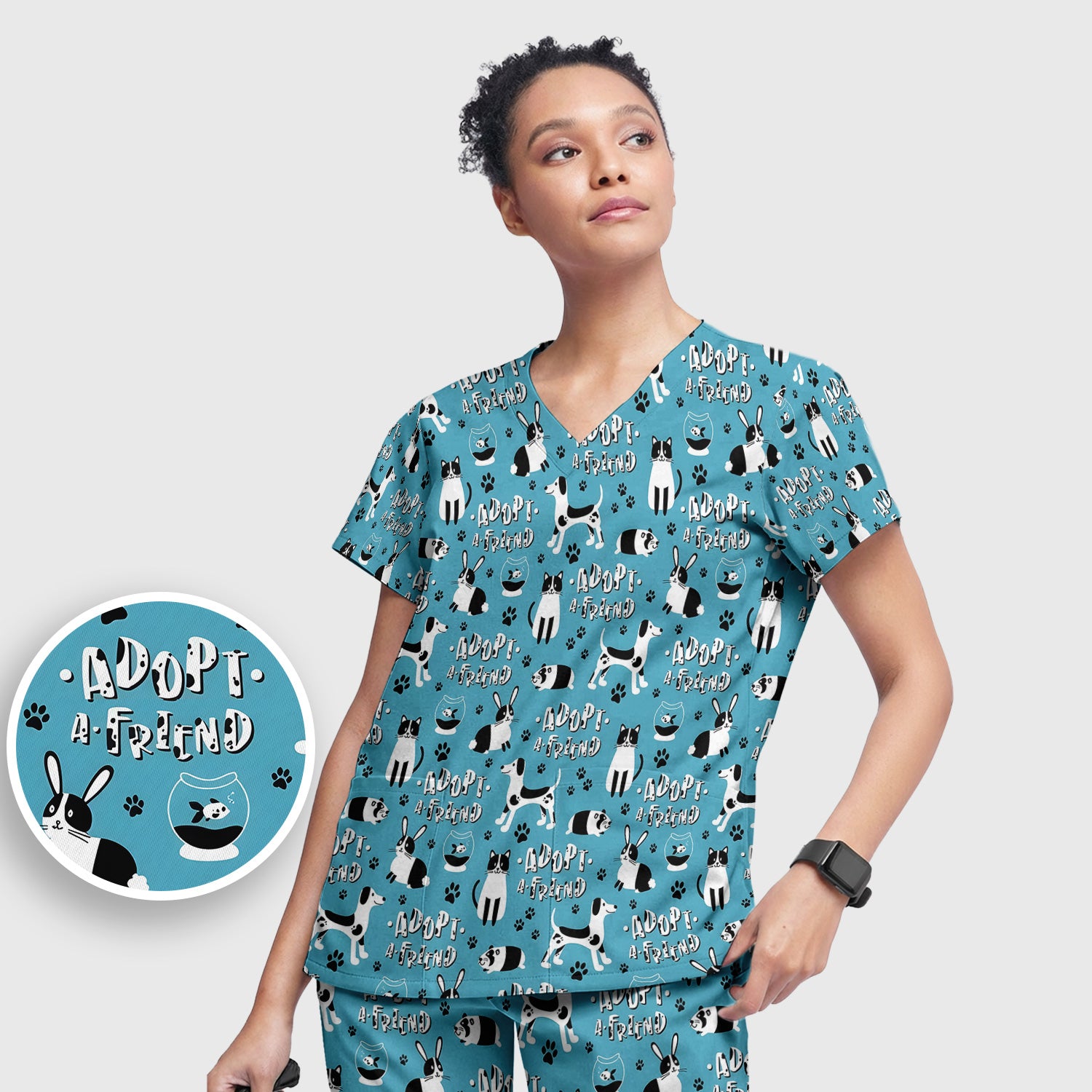Cute Adopt A Friend Pet Pattern Scrub Set, Scrub Pants and V Neck Top