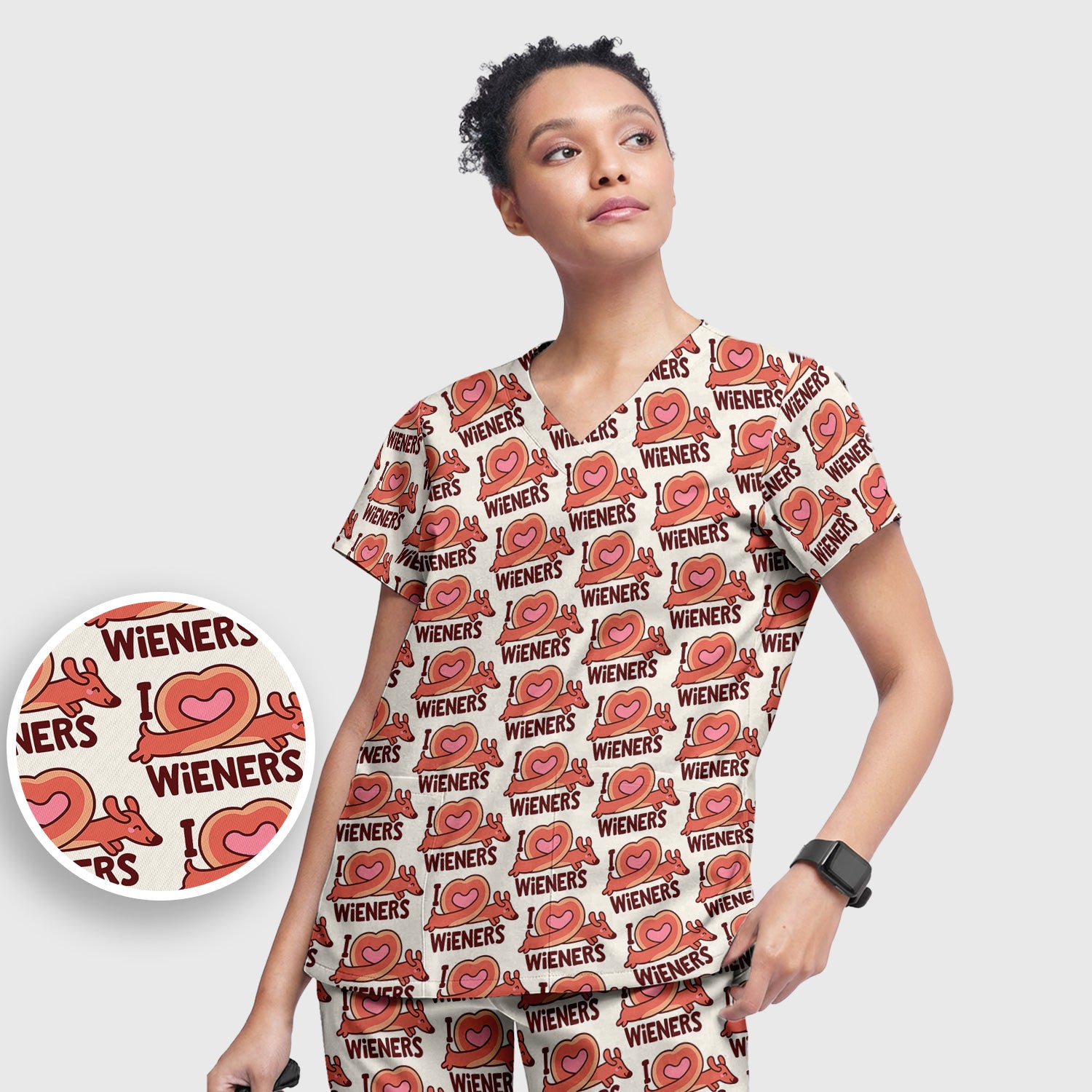 I Love Wieners Dachshund Heart Pattern Scrub Set, Scrub Pants and V Neck Top