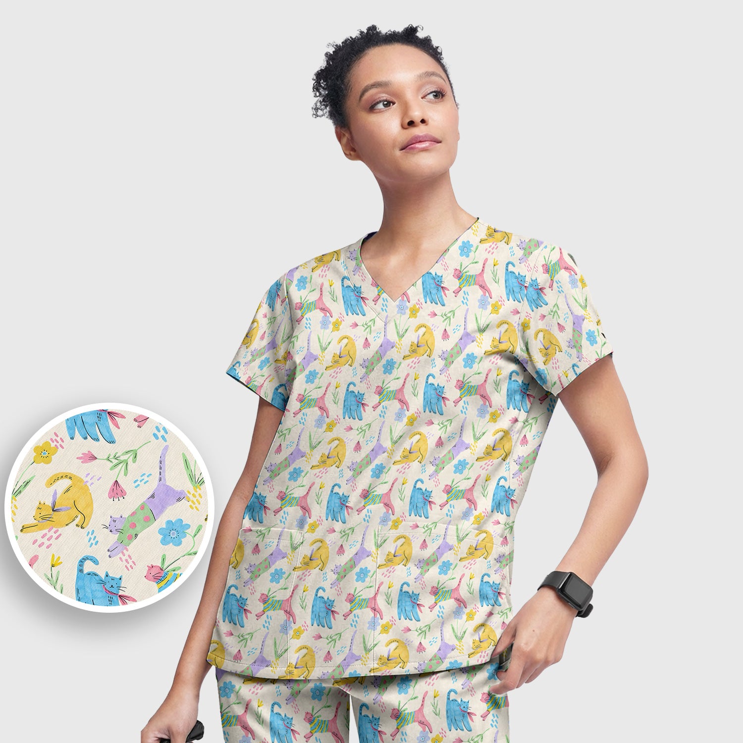 Cute Colorful Cat Floral Pattern Scrub Set, Scrub Pants and V Neck Top