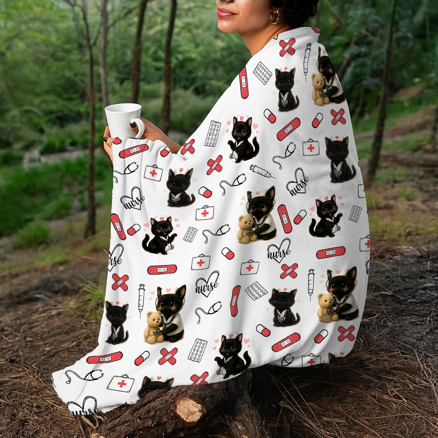 Cute Nurse Blanket with Black Cat Pattern - Funny RN CNA LPN Throw - Gift for Cat Lover Healthcare