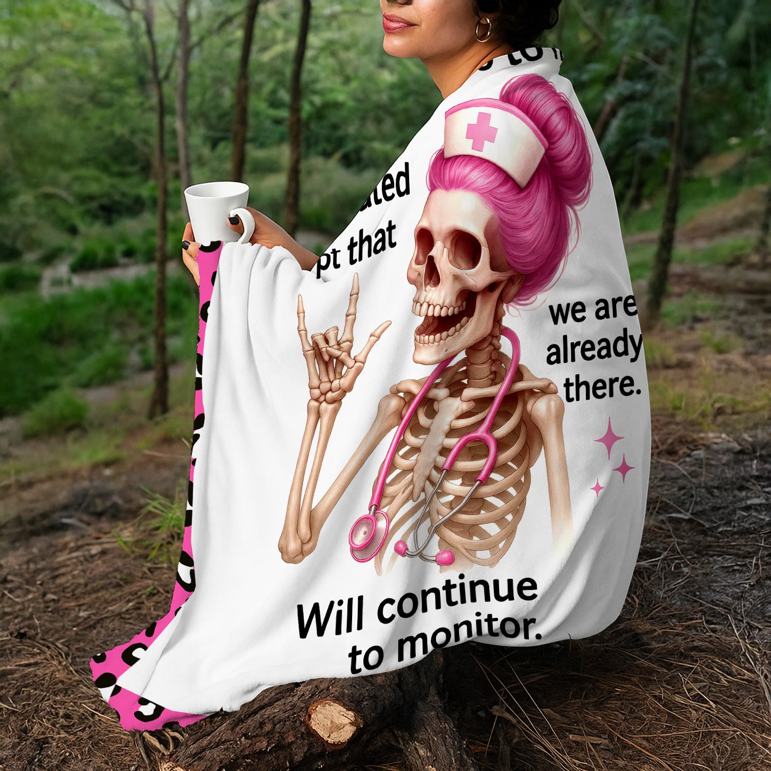 Custom Skeleton Nurse Blanket - Pink Hair & Sarcastic Quote - Hilarious Personalized Gift for RN, LPN, Healthcare Workers
