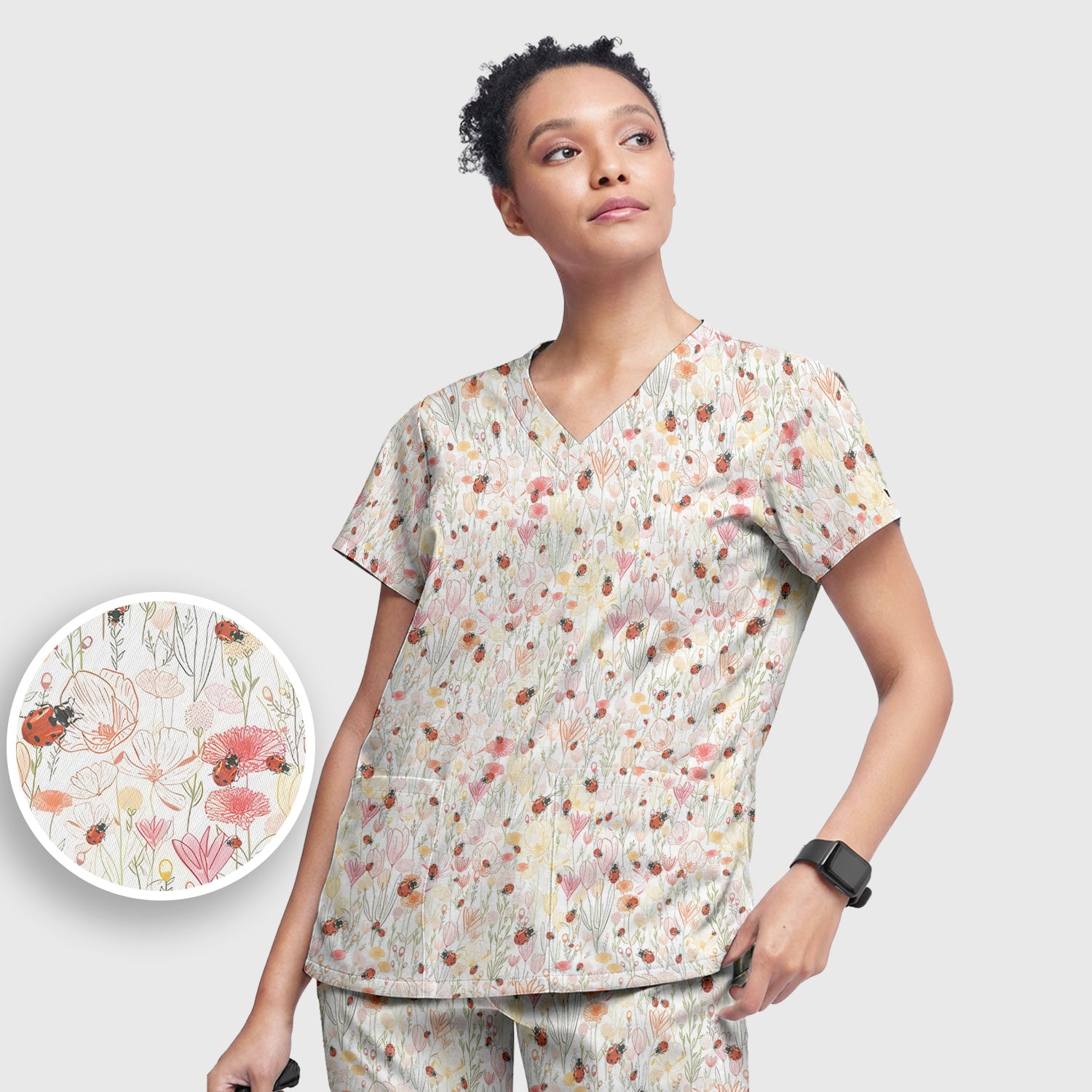 Cute Nurse Wildflower Ladybug Garden Pattern Scrub Set, Scrub Pants and V Neck Top