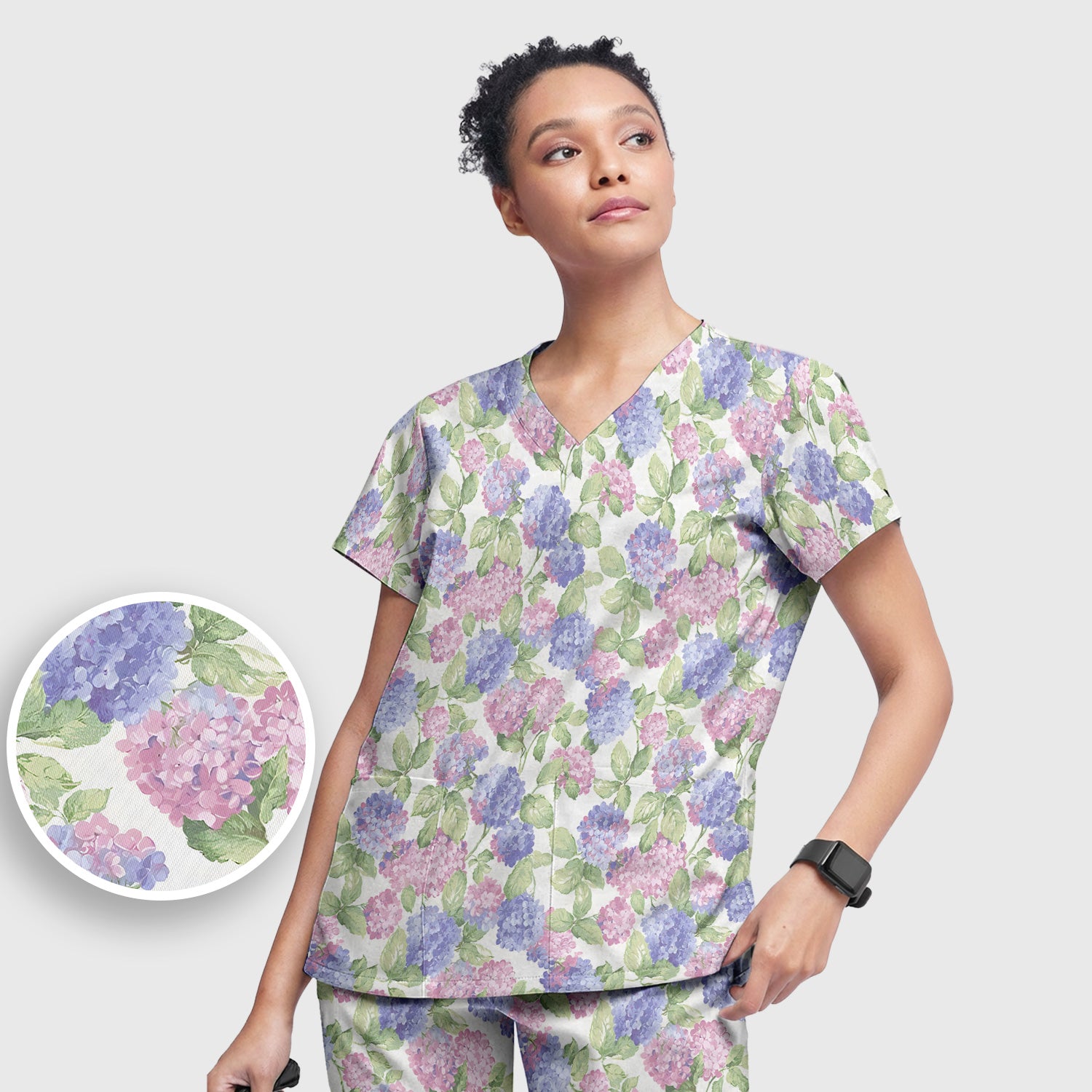 Soft Pastel Watercolor Hydrangea Floral Pattern Scrub Set, Scrub Pants and V Neck Top