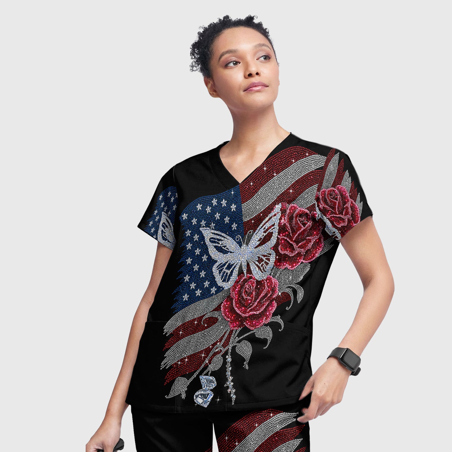 Patriotic Butterfly Rose Flag Print Scrub Set, Scrub Pants and V Neck Top