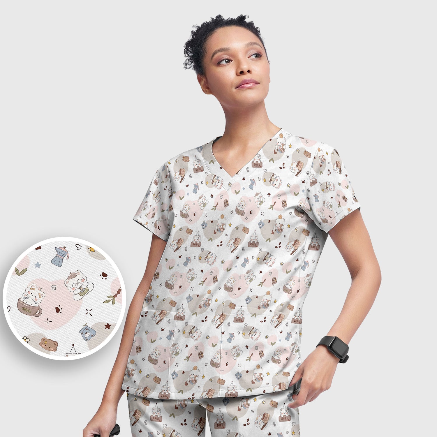 Cute Cat With Coffee Paw Heart Pattern Scrub Set, Scrub Pants and V Neck Top