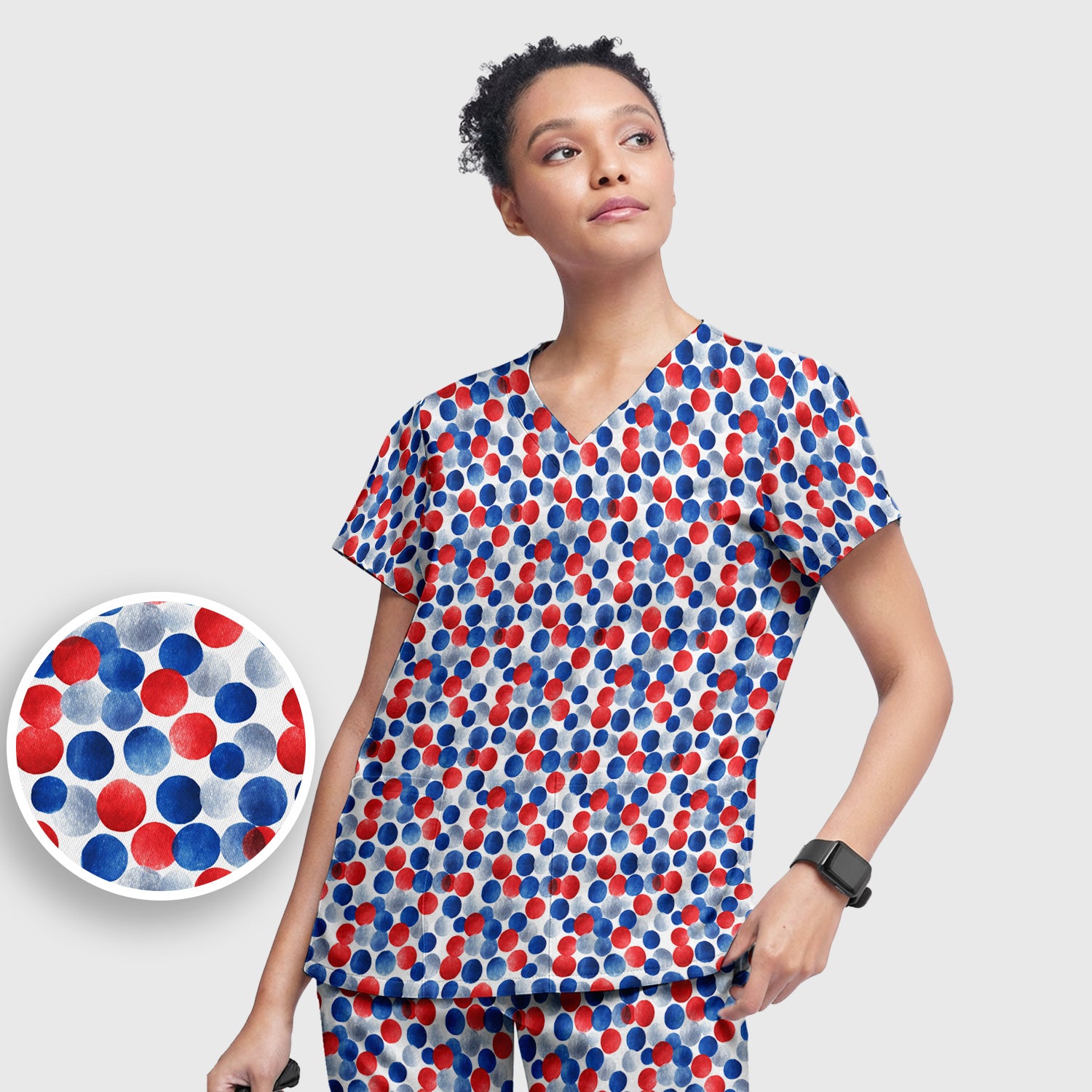 4th of July Patriotic Polka Dot Pattern Scrub Set, Scrub Pants and V Neck Top
