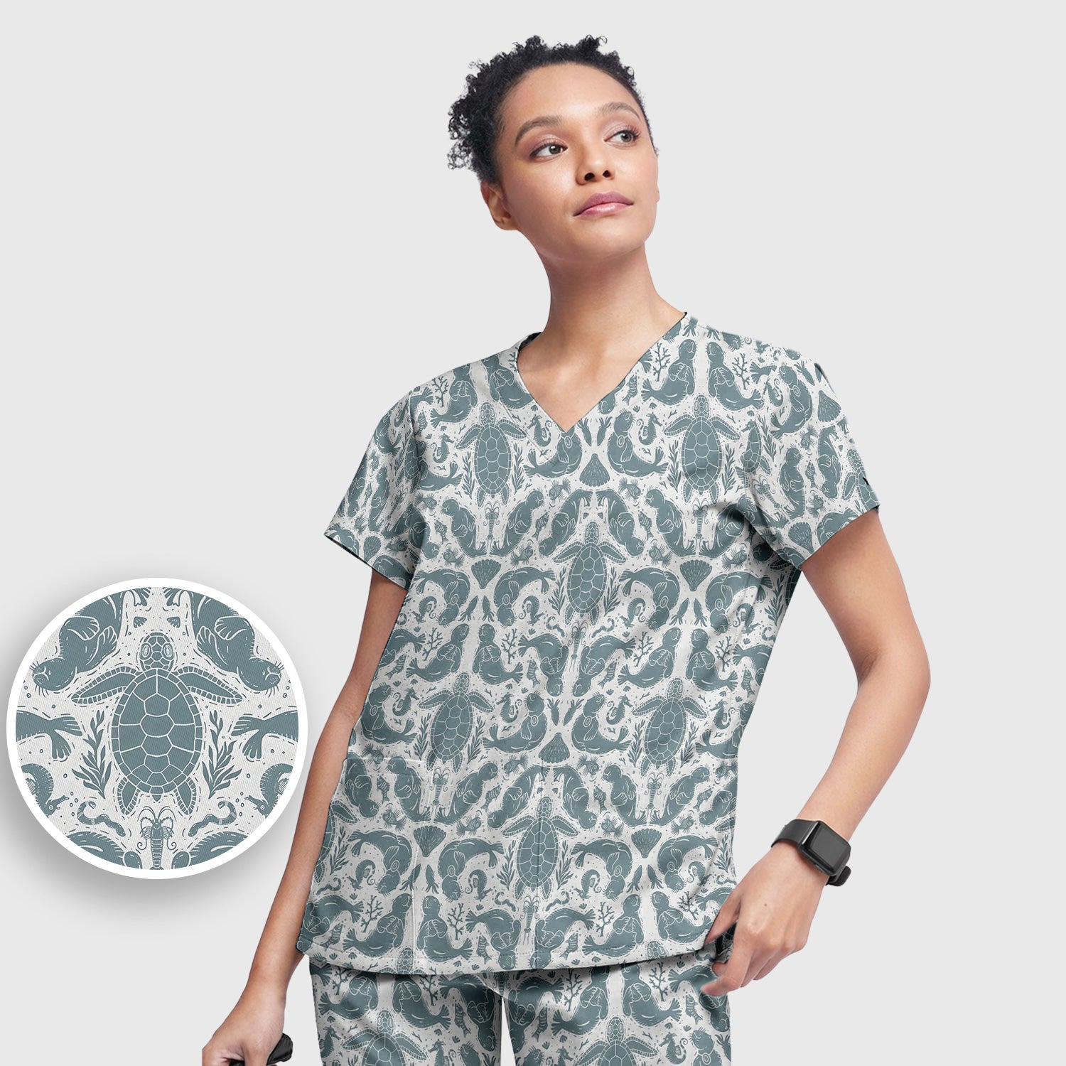 Ocean Sea Marine Life Pattern Scrub Set, Scrub Pants and V Neck Top