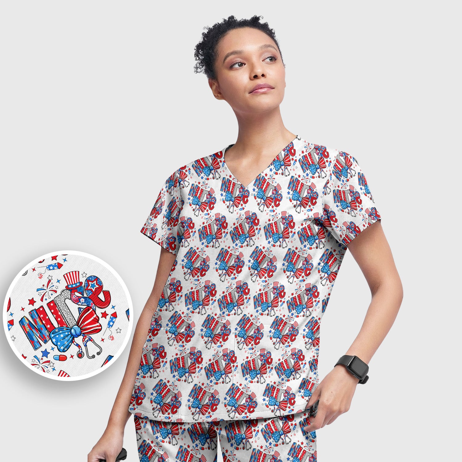 USA Nurse Stethoscope Patriotic Bow Hat Pattern Scrub Sets, Scrub Pants and V Neck Top