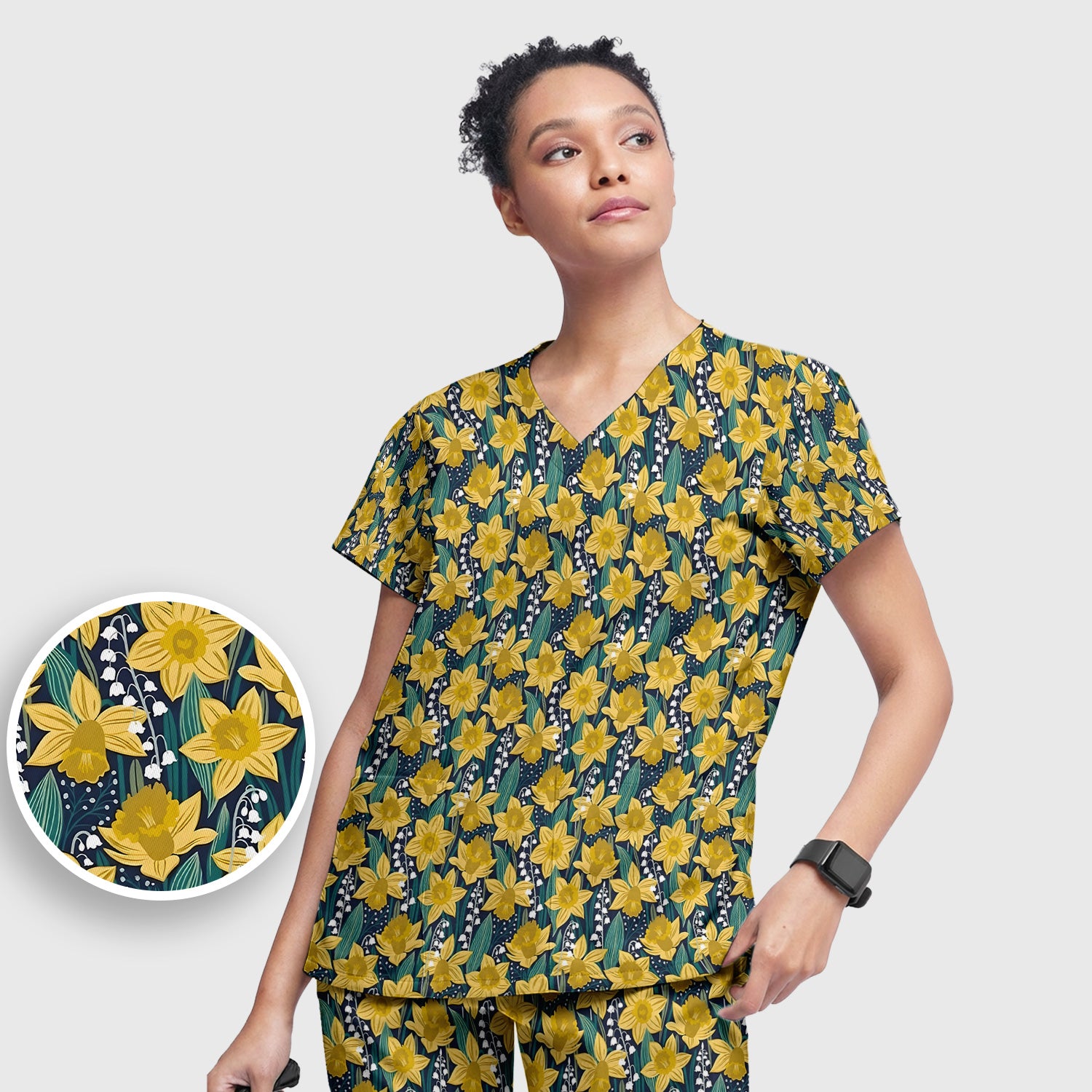 Yellow Daffodil Lily Valley Pattern Scrub Set, Scrub Pants and V Neck Top