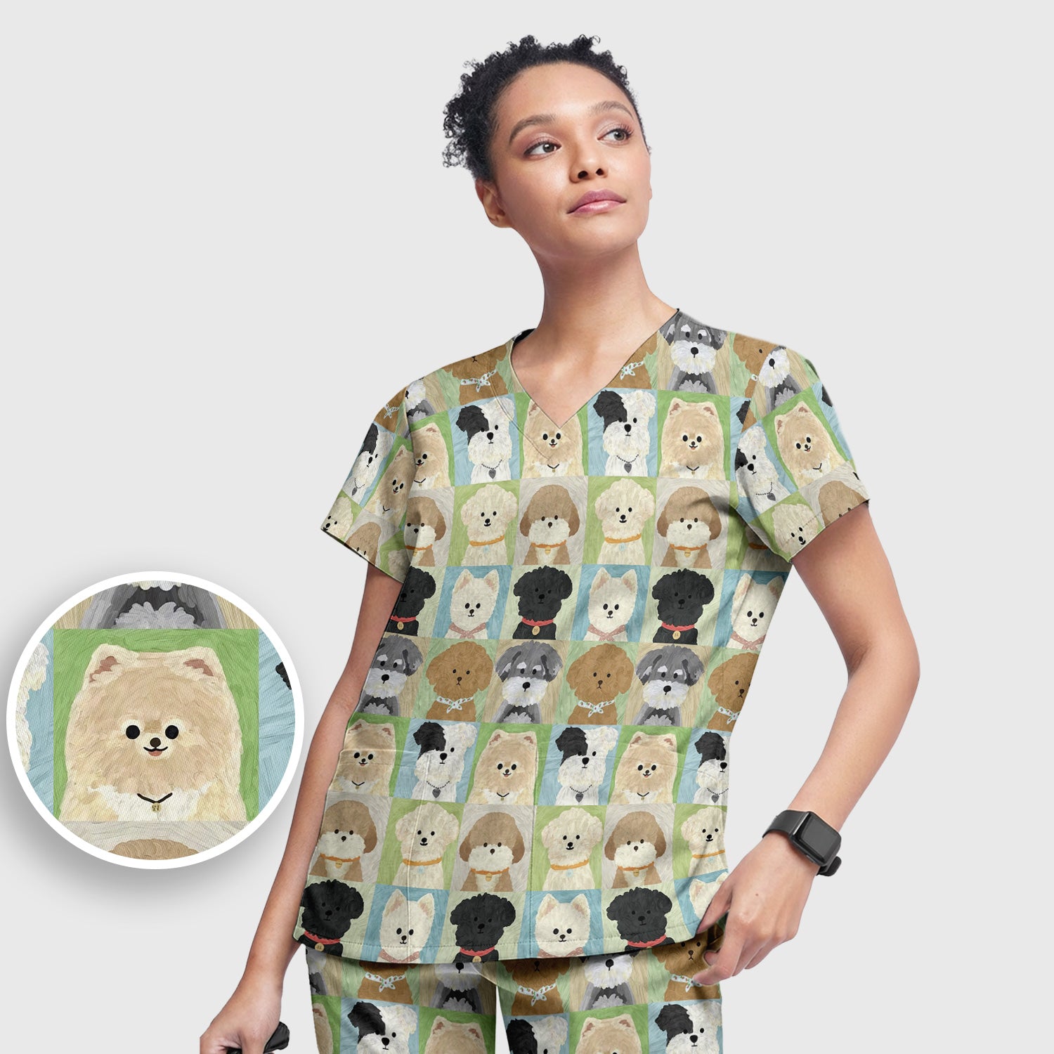Adorable Different Dog Breeds Pattern Scrubs Sets, Scrub Pants and V Neck Top