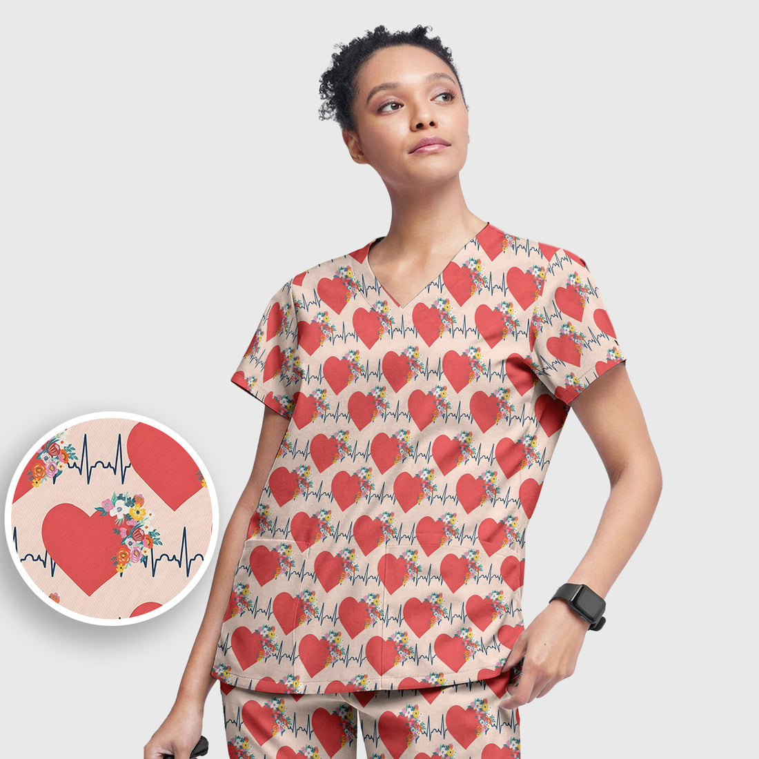 Nurse Heartbeat Floral Pattern Scrub Set, Scrub Pants and V Neck Top