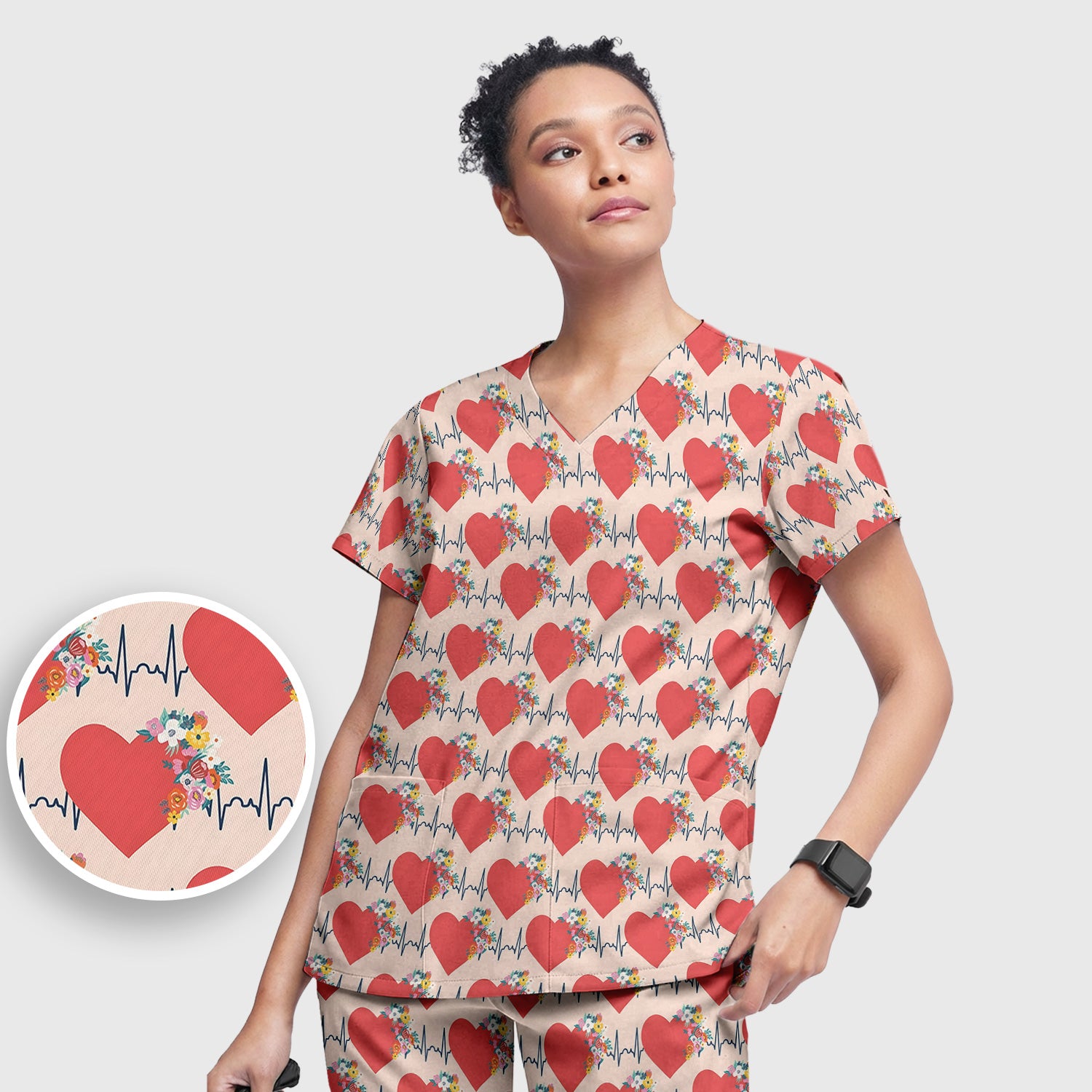 Nurse Heartbeat Floral Pattern Scrub Set, Scrub Pants and V Neck Top