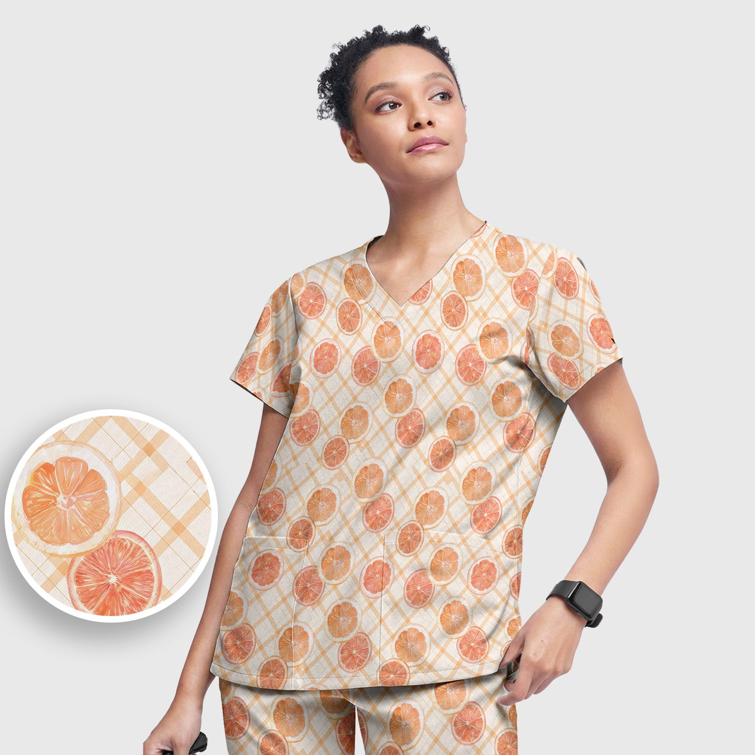Fresh Grapefruit Slice Summer Fruit Pattern Scrub Sets, Scrub Pants and V Neck Top